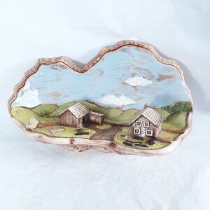3D Cottage Cabin Frontier Life Ceramic Scene Wall Hanging Vintage